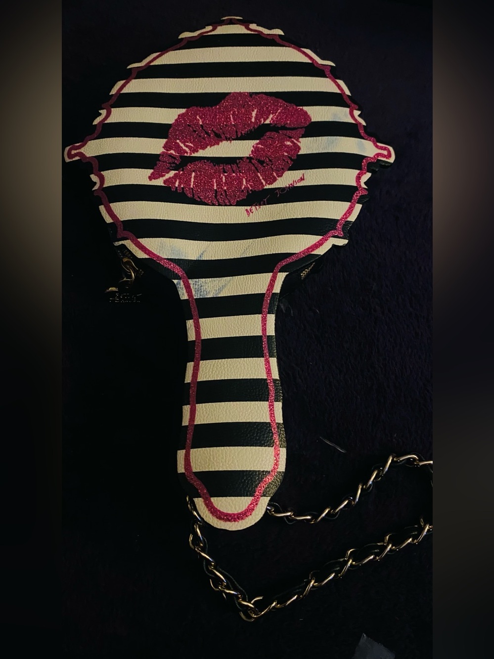 Betsey Johnson Black & White Striped Lip Print Hand Mirror Clutch with Pink Trim